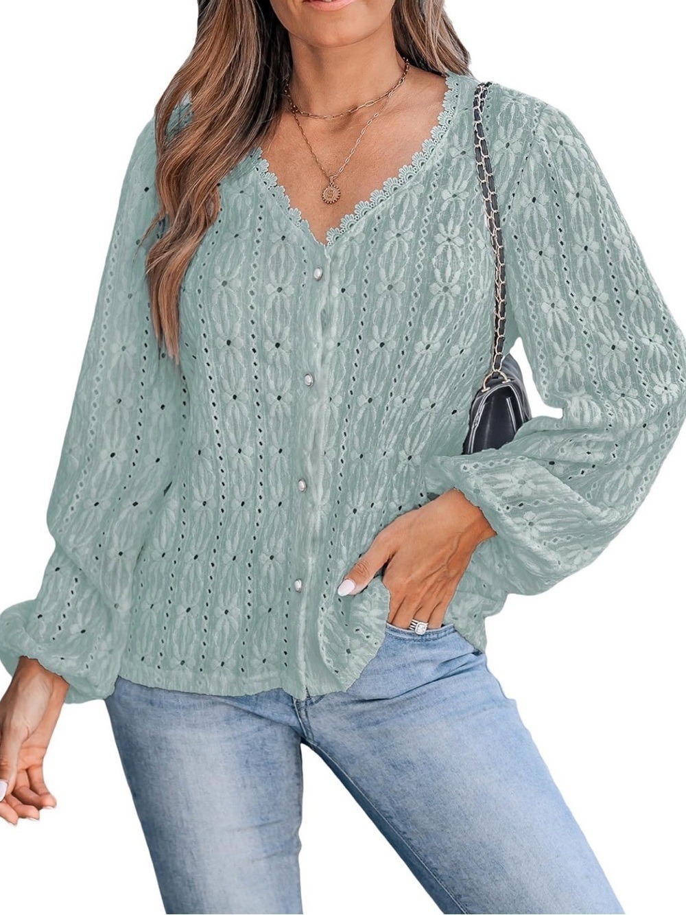 CUPSHE Women's Blouses Eyelet Tops Long Sleeves size XL